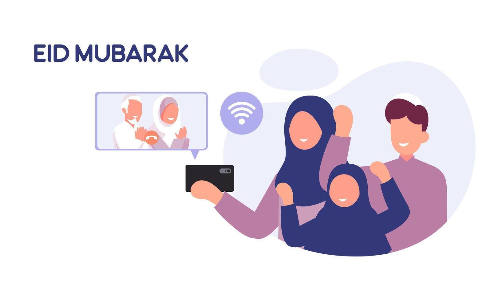 musulmán familia contacto su mayor o padres en teléfono inteligente vídeo llamada a espectáculo su amor en eid Mubarak celebracion vector