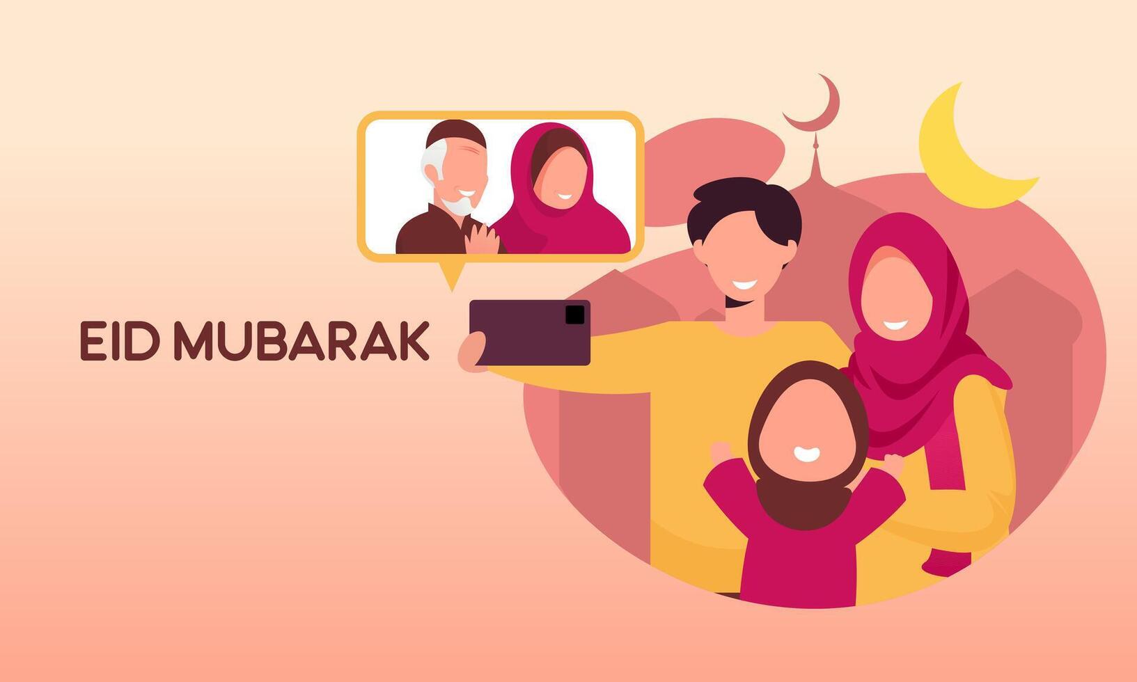 musulmán familia contacto su mayor o padres en teléfono inteligente vídeo llamada a espectáculo su amor en eid Mubarak celebracion vector