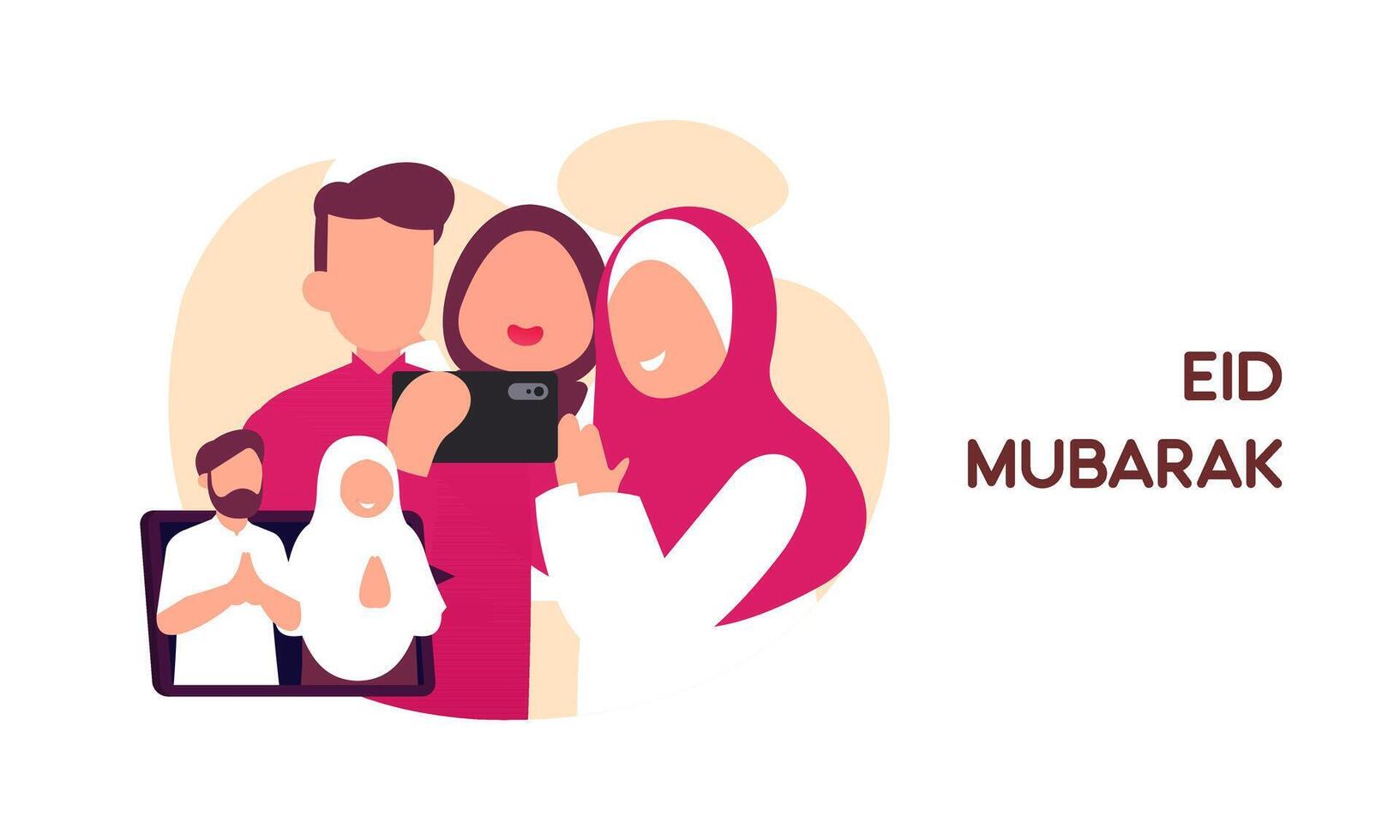 Muslim Family Contact Their Elder or Parents In Smartphone Video Call to Show Their Love in Eid Mubarak Celebration vector