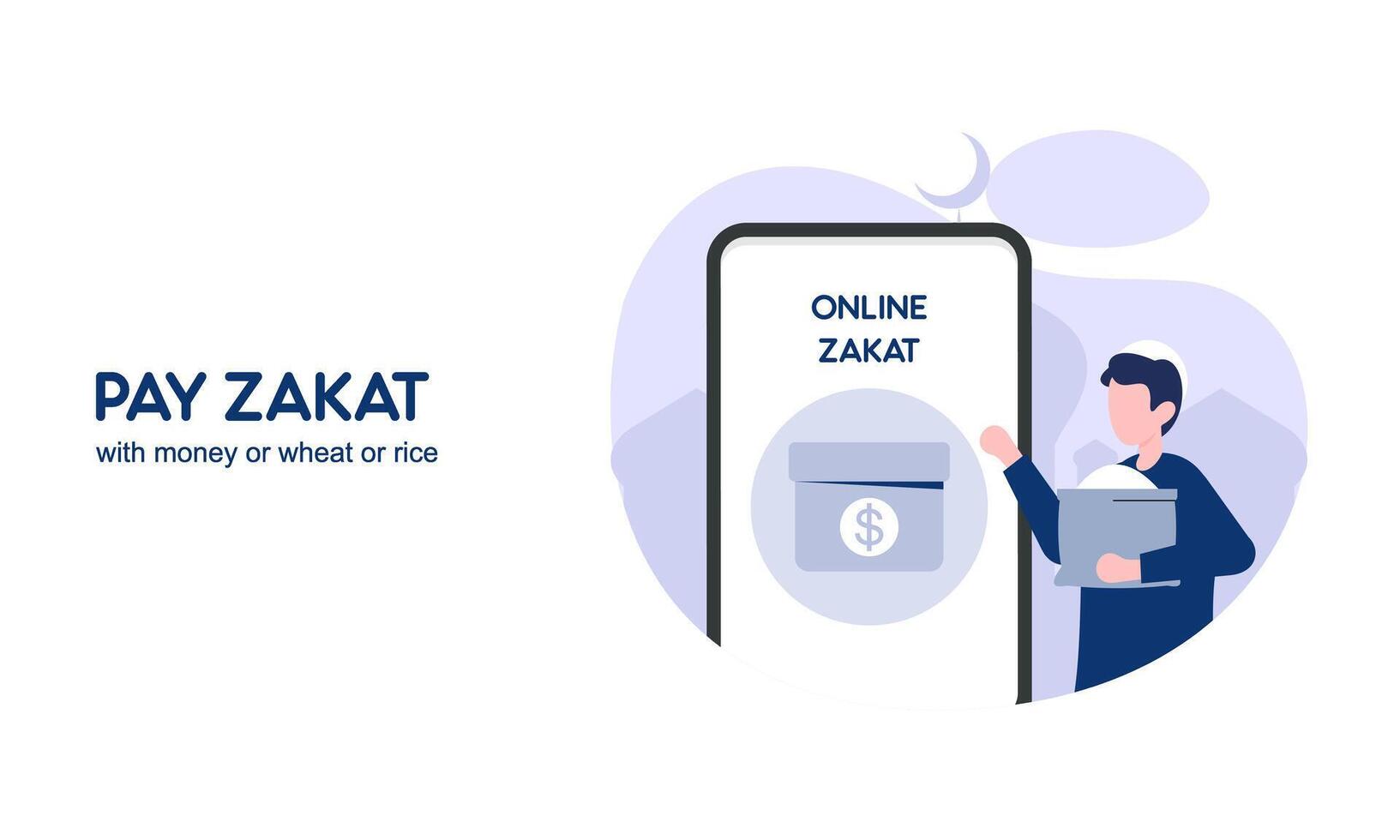 pagar zakat o en línea zakat solicitud para Ramadán concepto vector