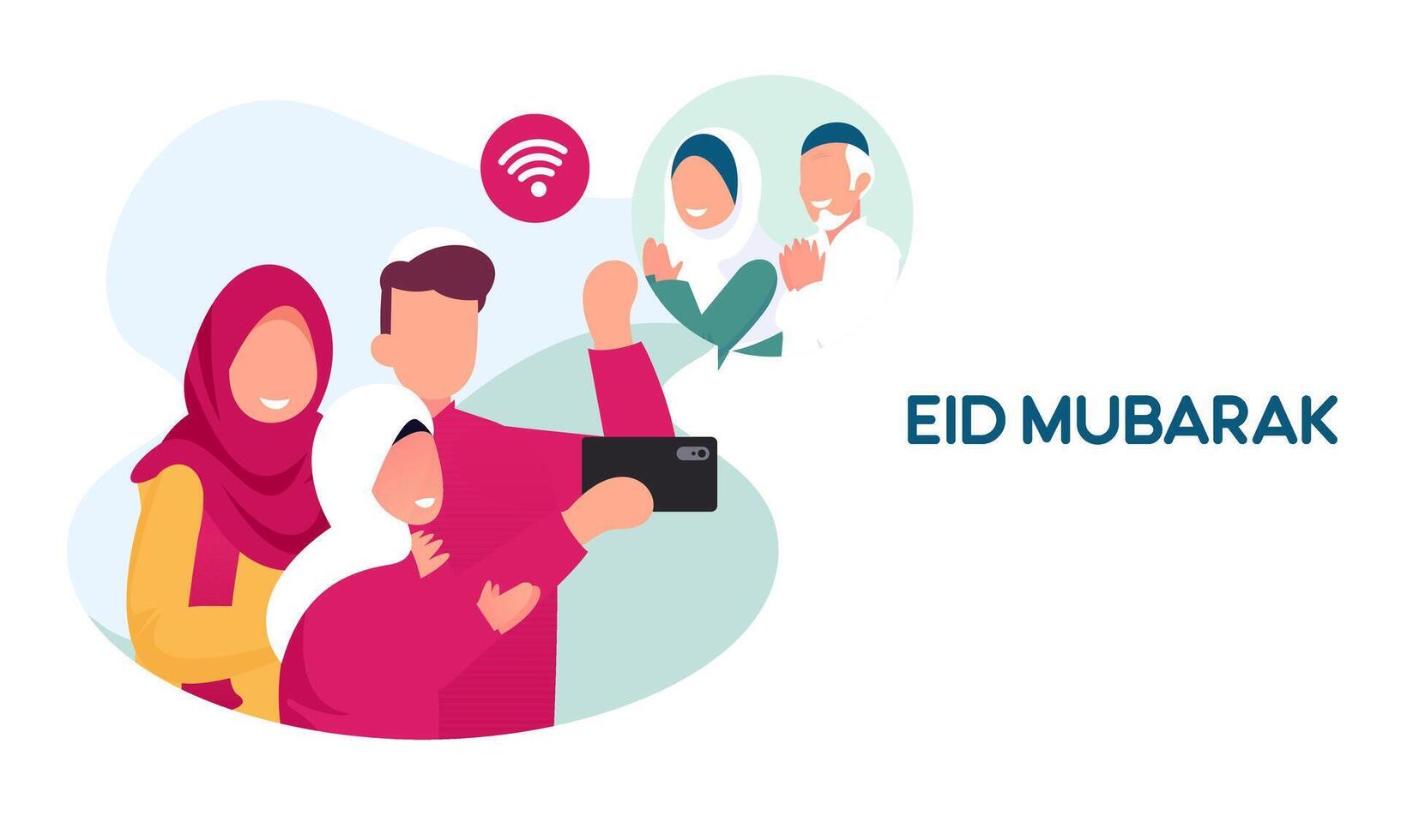 musulmán familia contacto su mayor o padres en teléfono inteligente vídeo llamada a espectáculo su amor en eid Mubarak celebracion vector