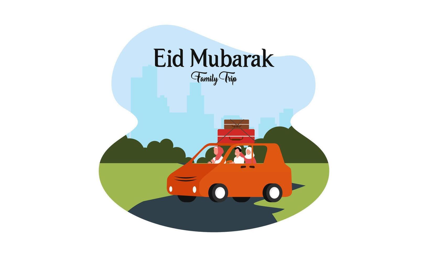 musulmán familia en coche viaje a pueblo natal durante eid Mubarak celebracion vector
