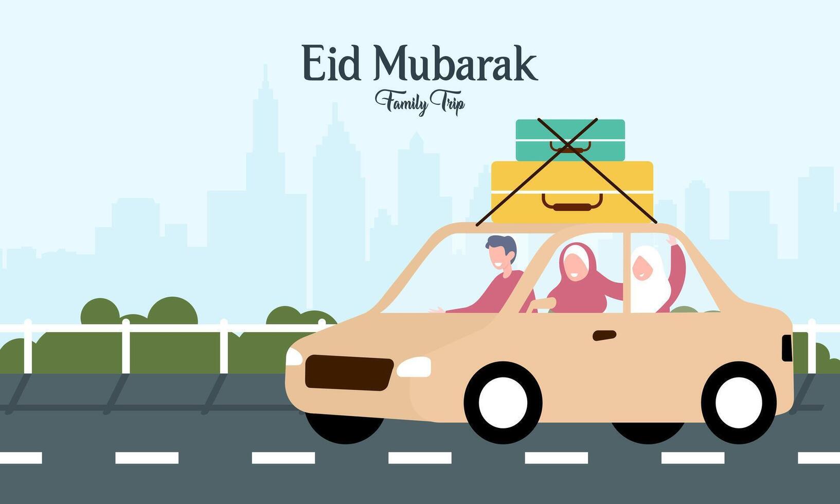 musulmán familia en coche viaje a pueblo natal durante eid Mubarak celebracion vector