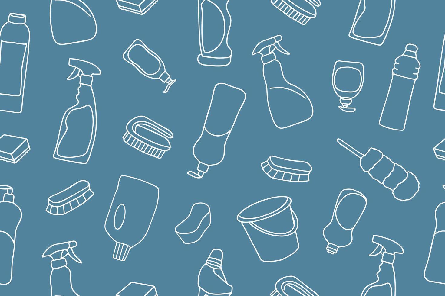 Seamless pattern of cleaning equipment in doodle style. Cleaning line icons. A line of hand-drawn equipment, cleaning products and tools for washing and disinfecting the home, windows, mirrors. vector