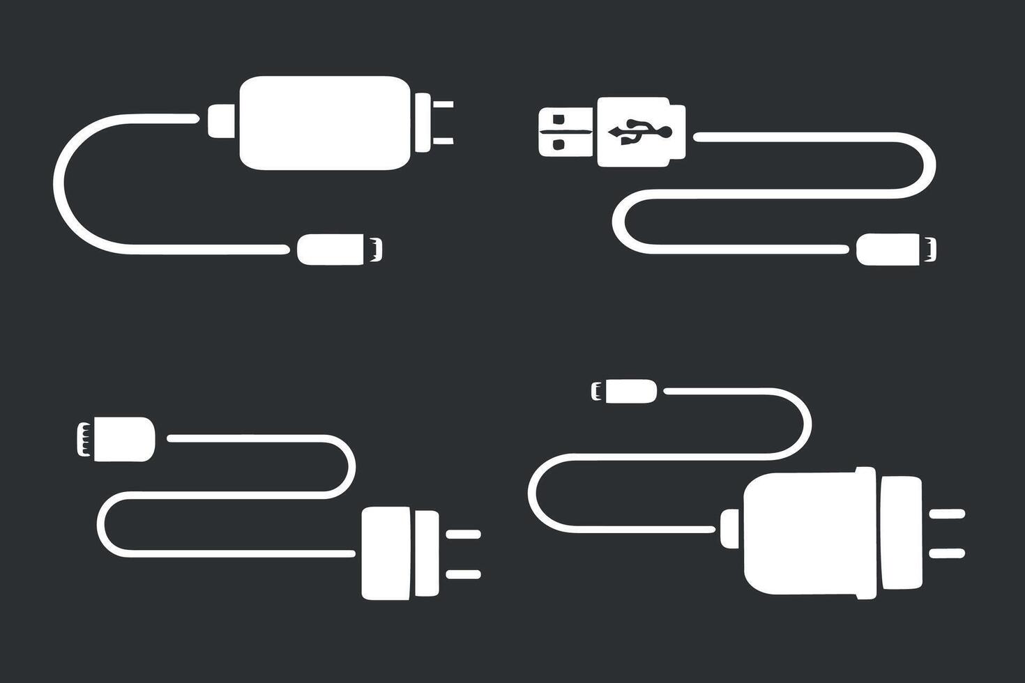 Set of charger icons for phone and tablet. Car adapters for charging devices. Power cords. Vector digital equipment for refilling batteries. Vector illustration