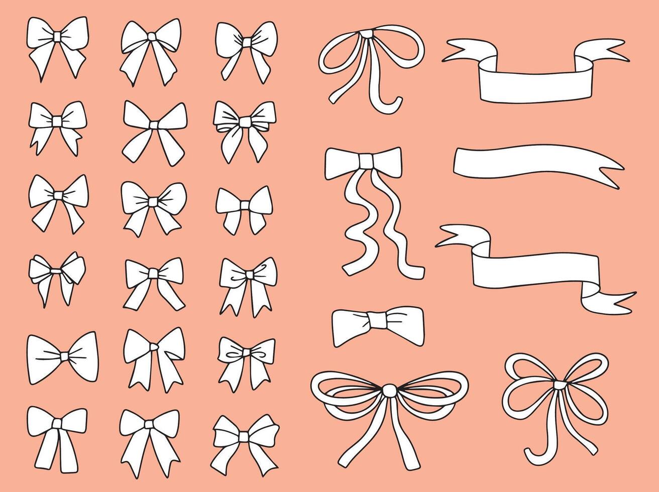 Set of elegant cartoon bows on a white background, gift ribbons. Fashionable accessory for hair braiding. Doodle ribbons. Hand drawn vector