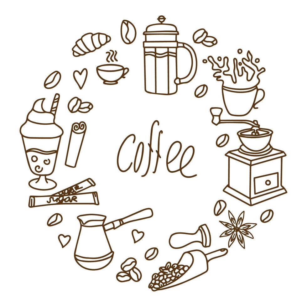 Banner for a coffee shop. Cute doodle cartoon cafe icons. Set of hand drawn vector