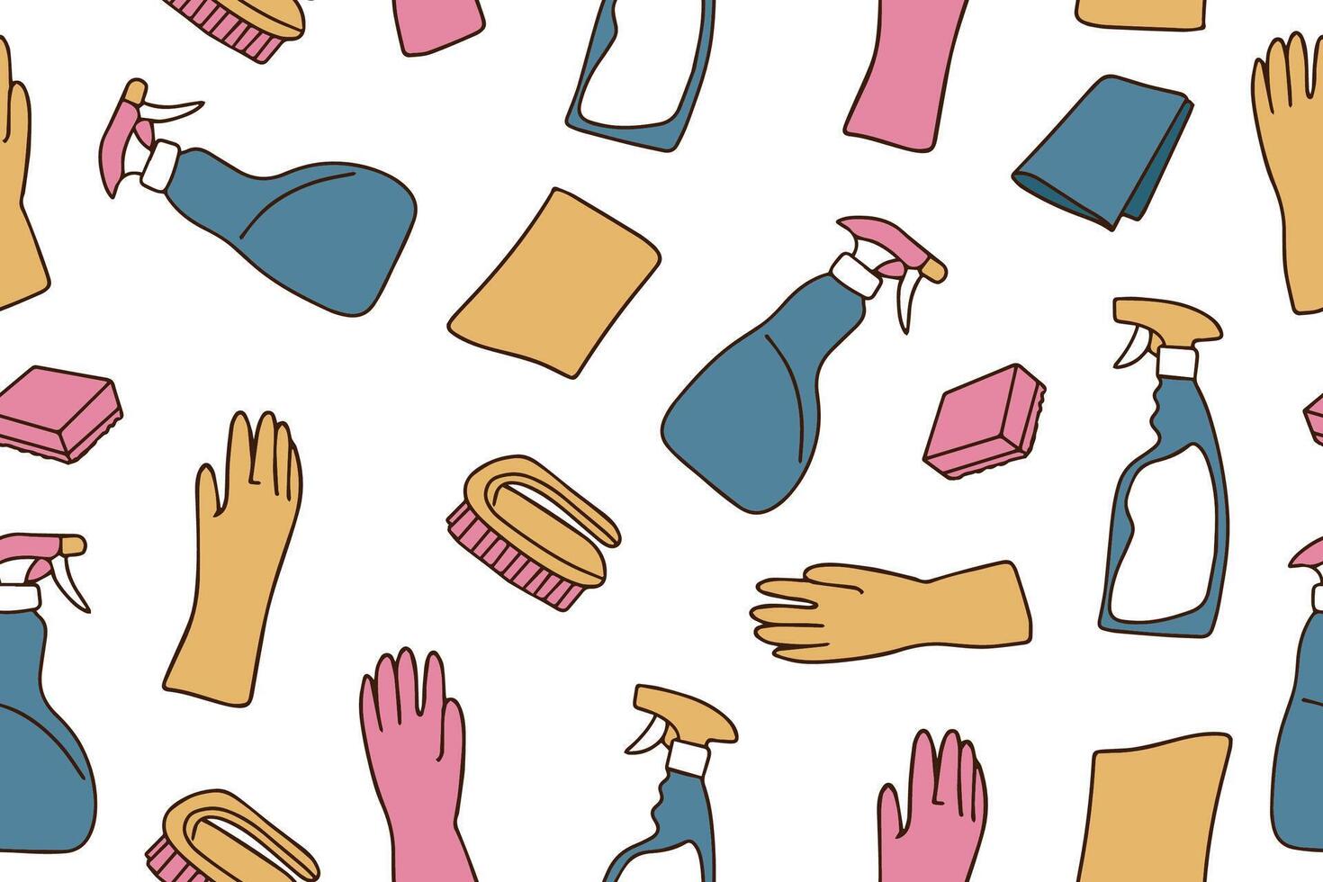 Seamless pattern of cleaning equipment in doodle style. Cleaning line icons. A line of hand-drawn equipment, cleaning products and tools for washing and disinfecting the home, windows, mirrors. vector