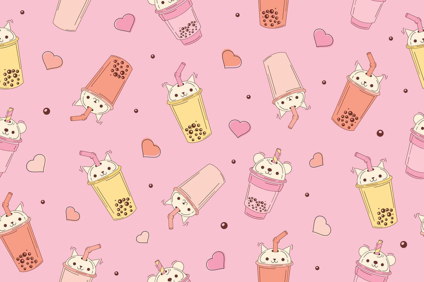 Bubble milk tea funny seamless pattern. Hand drawn kawaii smiled drinks with tapioca pearls. Cute cartoon vector illustration. Colorful background with ice tea characters. Vector illustration
