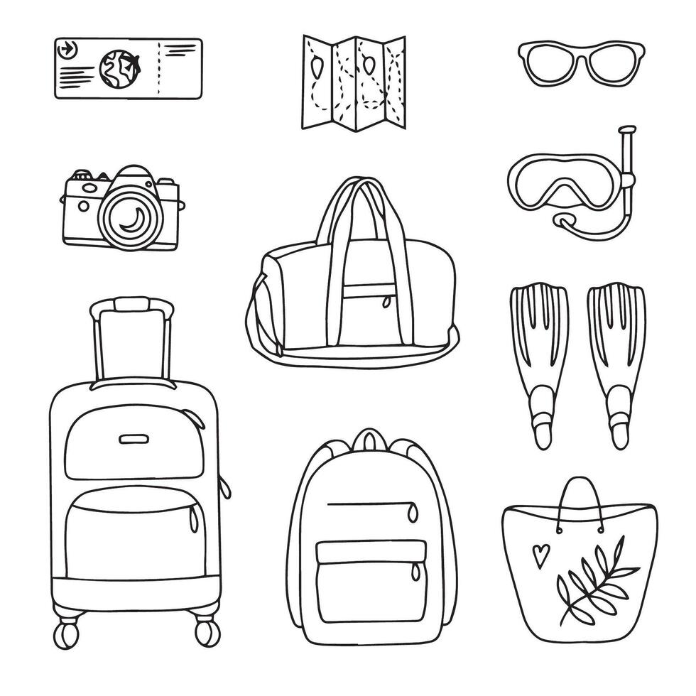 Hand drawn set of summer vacation elements, luggage and bathing accessories. Travel element drawn in doodle style. Illustration for banner, background, badge, logo design. Vector