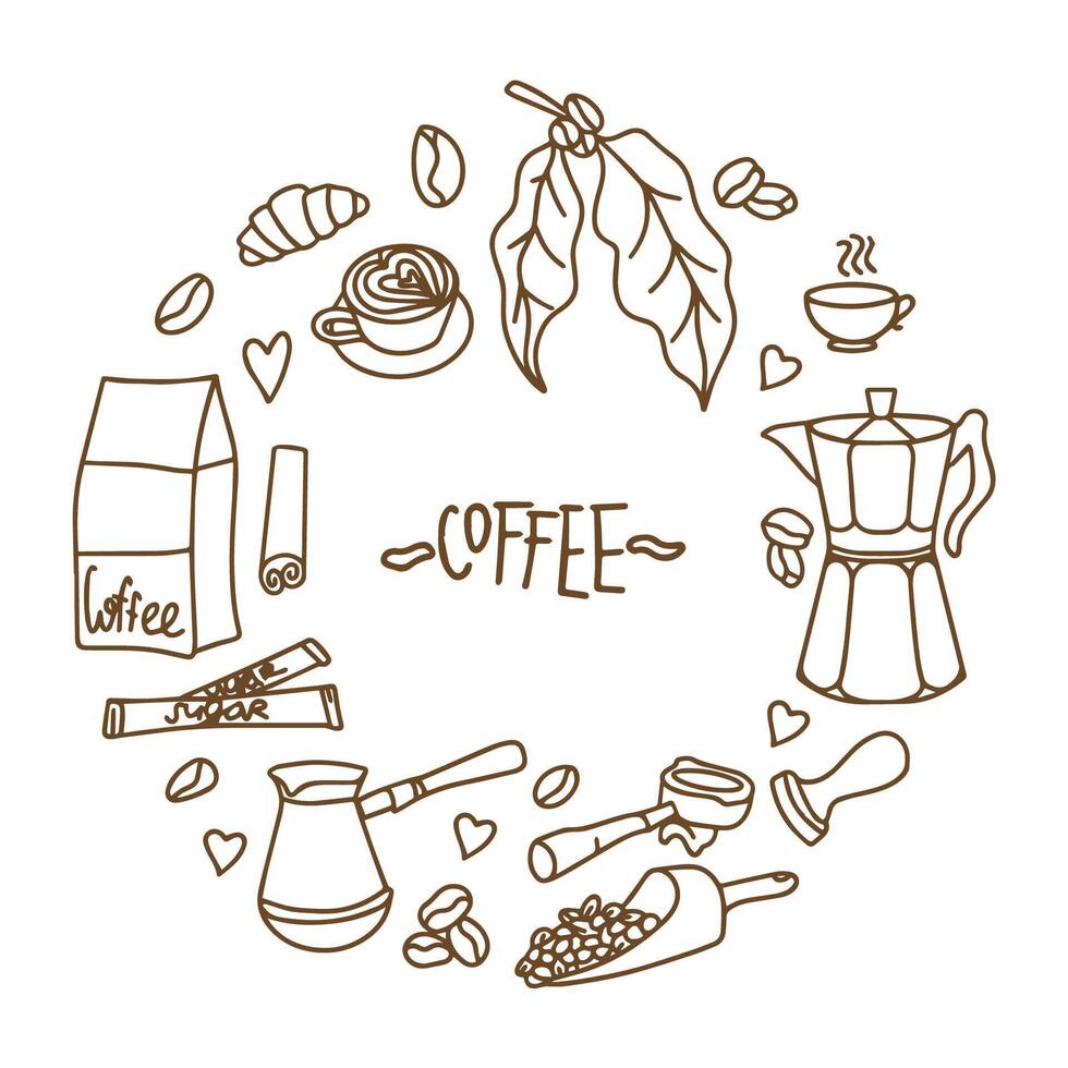 Banner for a coffee shop. Cute doodle cartoon cafe icons. Set of hand drawn vector