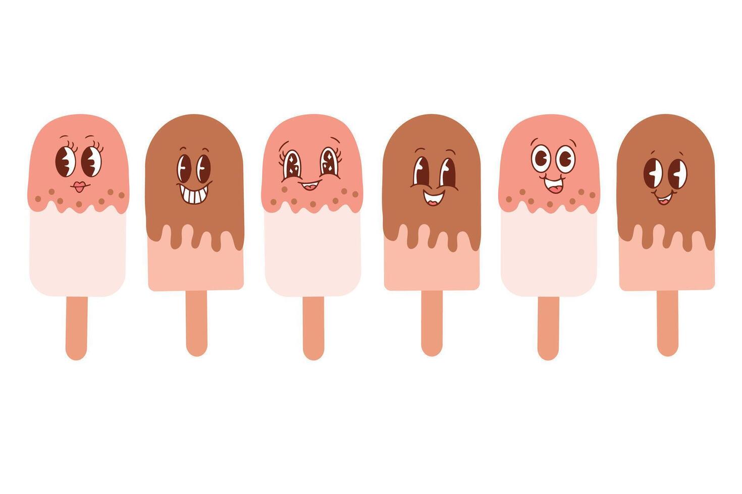 Summer food ice cream icons set. Kawaii isolated on white background. Vector smiling ice cream on a stick, cartoon character collection. Vector