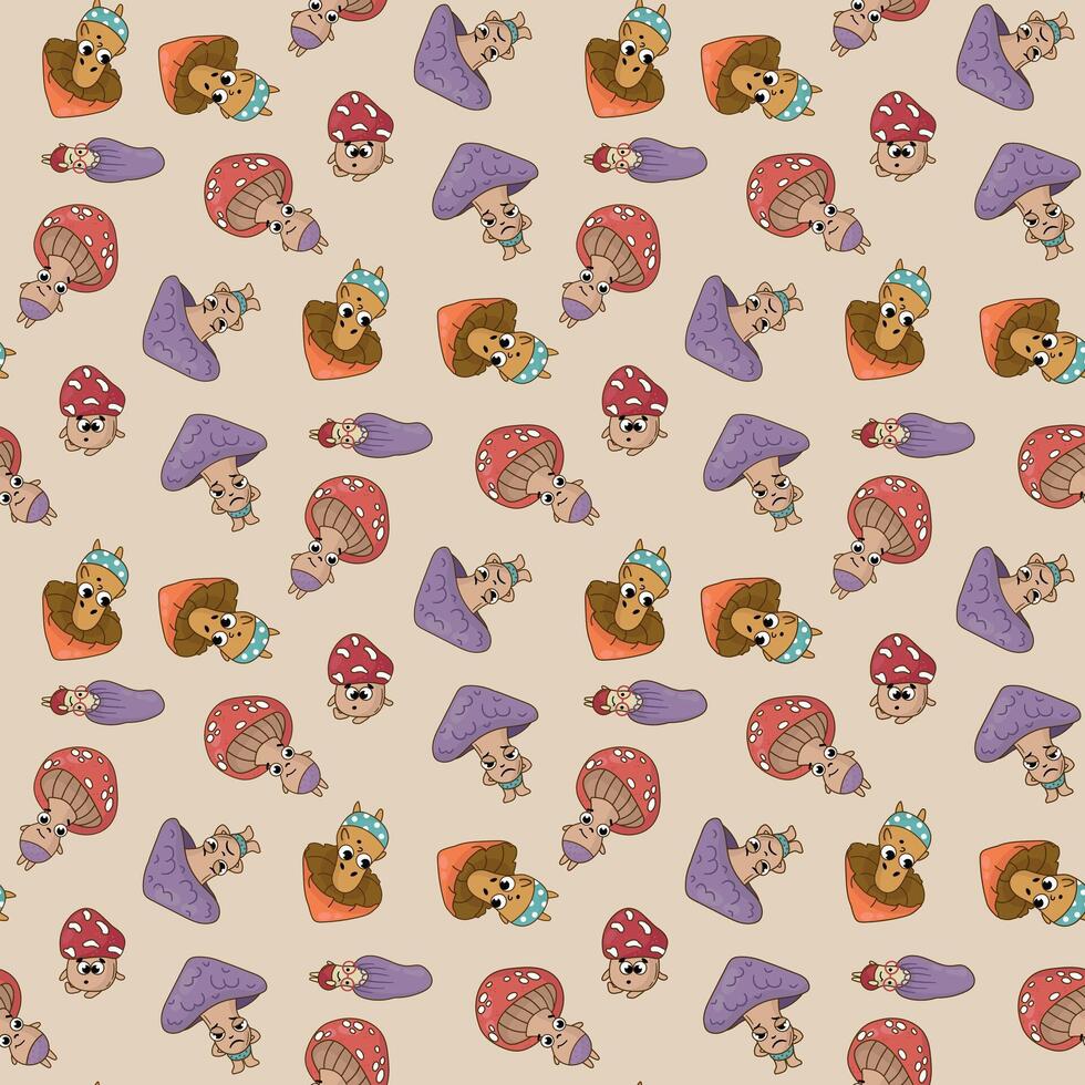 Seamless pattern with mushroom characters. Design for fabric, textile, wallpaper, packaging. vector