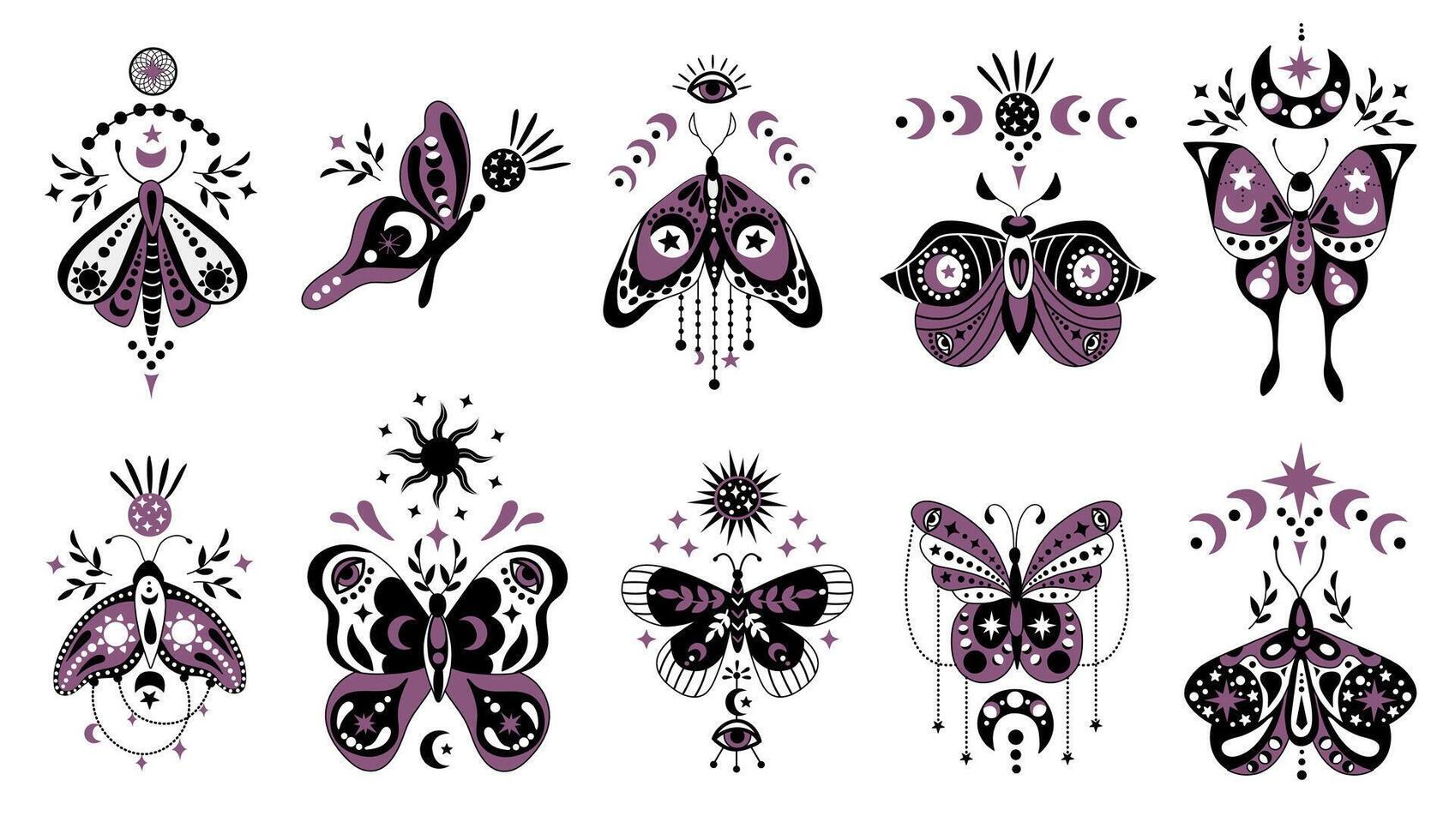 místico celestial mariposas y polillas en boho estilo. aislado clipart en blanco antecedentes. vector