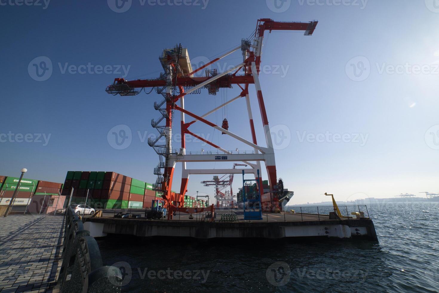 Containers and cranes near the port in Aomi Tokyo wide shot photo