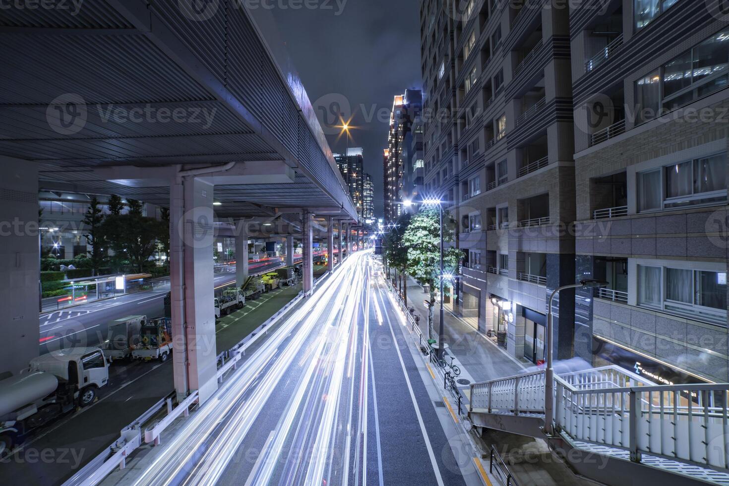 A night traffic jam at the urban street in Tokyo wide shot photo