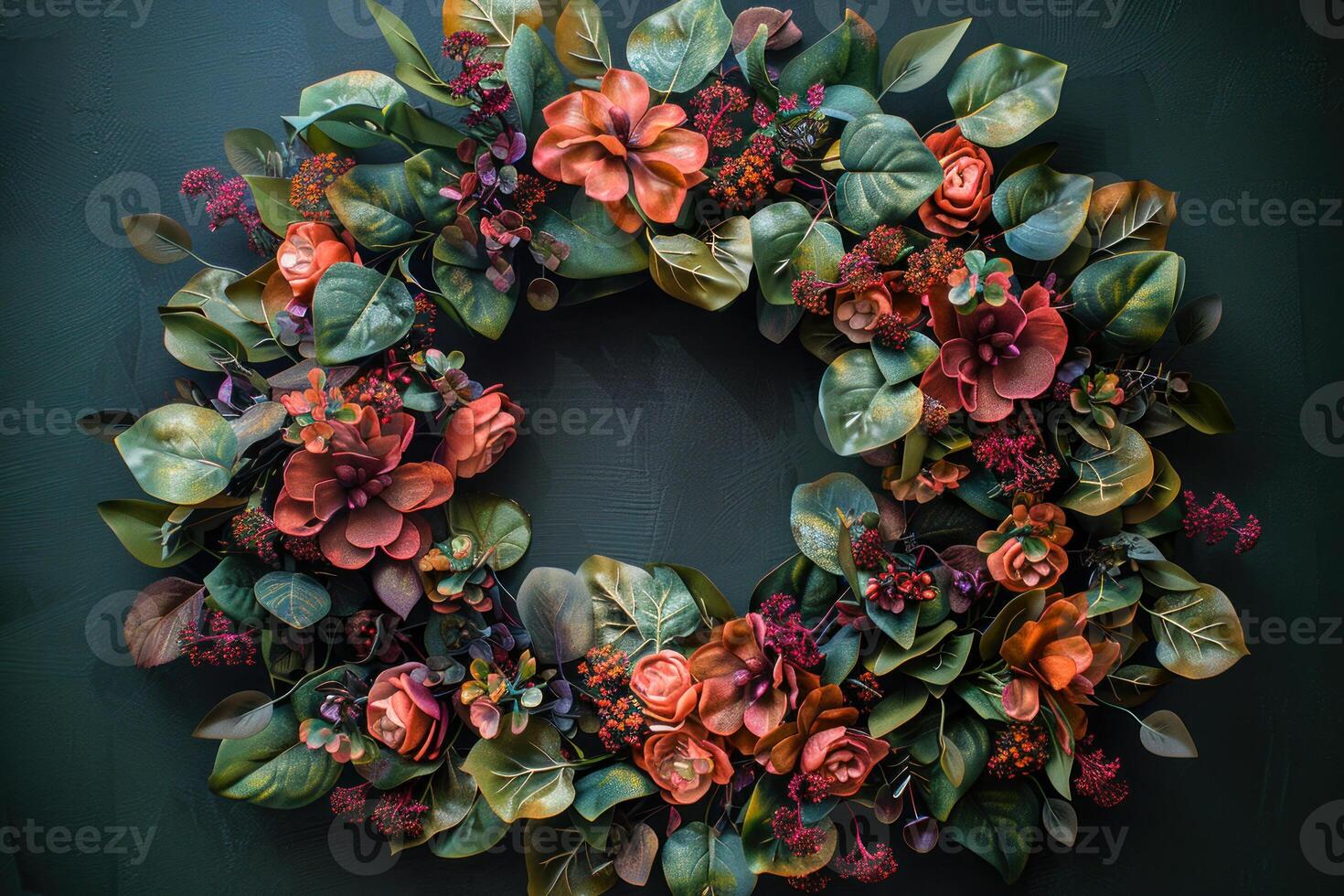 AI generated Autumnal Wreath with Rich Foliage on Dark Background photo