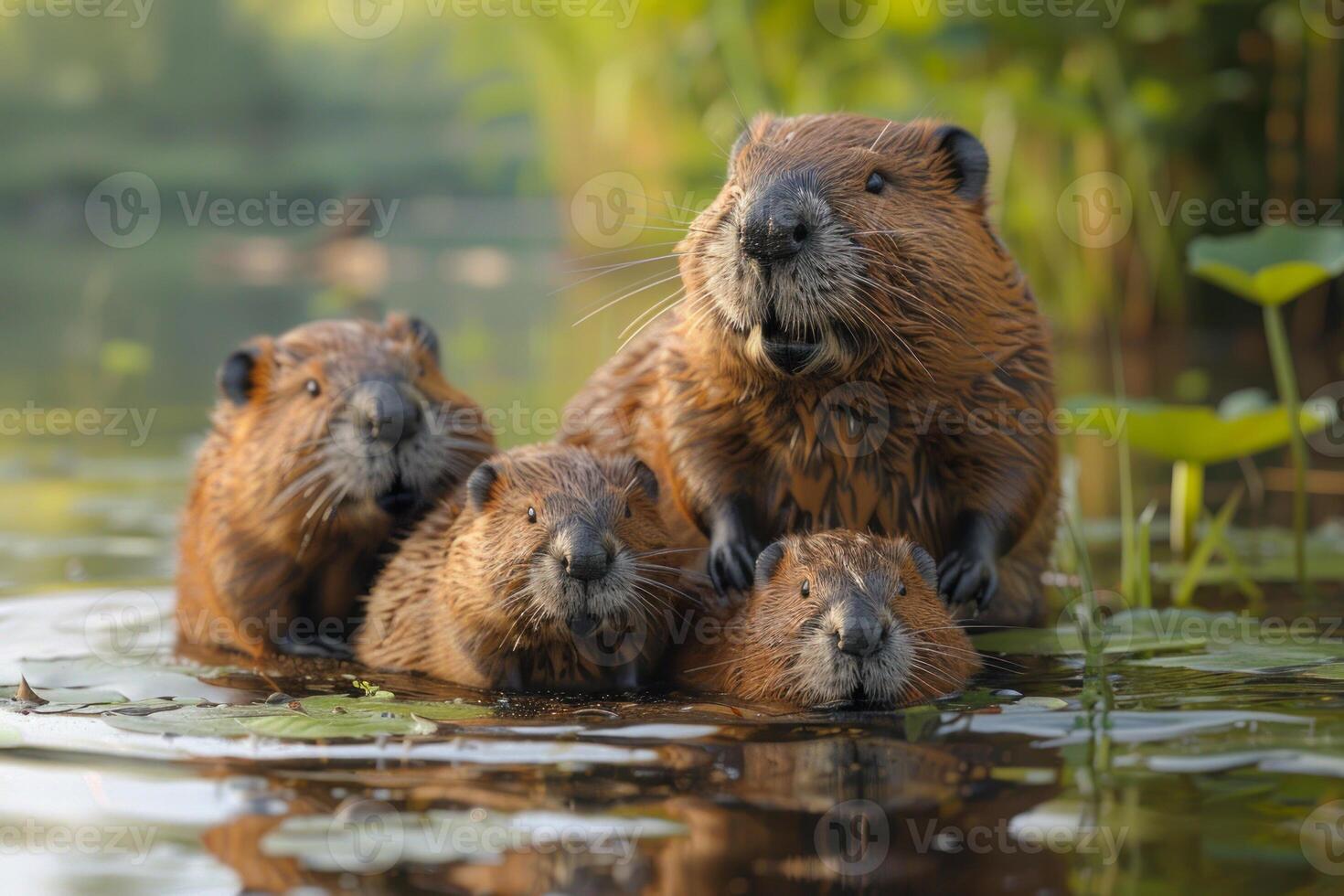 ai generado castor familia disfrutando agua juntos foto