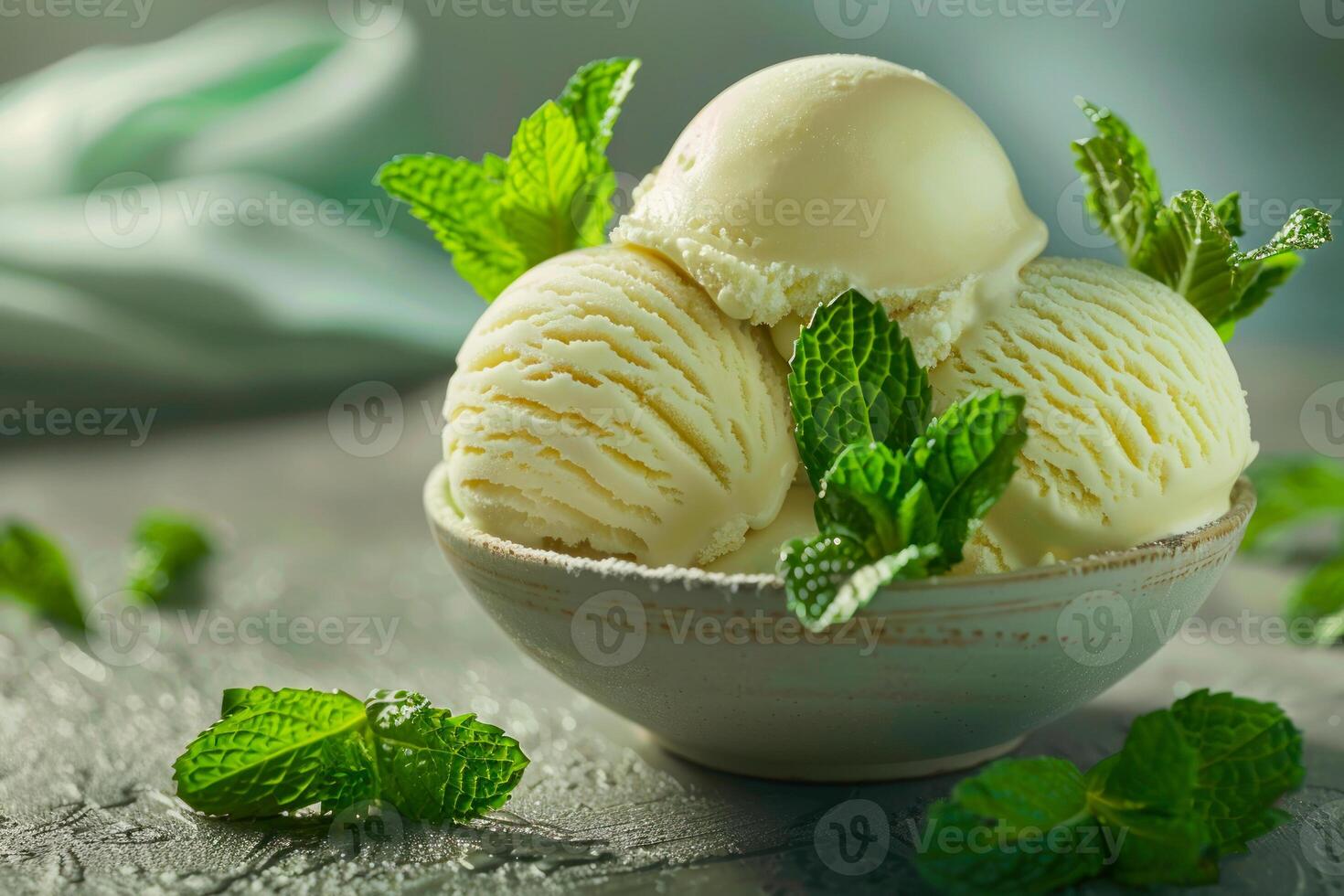 AI generated Bowl of Vanilla Ice Cream with Mint Garnish photo