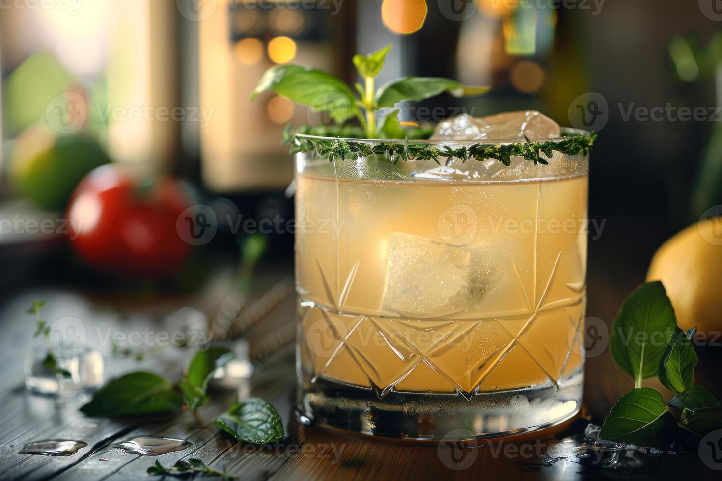 AI generated Refreshing Basil Cocktail with Ice and Herbs photo