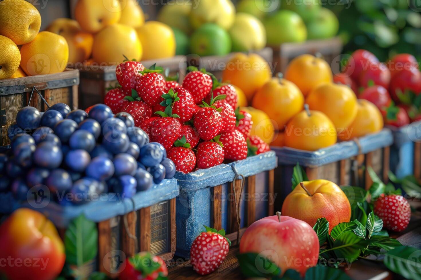 AI generated Colorful Fresh Fruits Displayed at a Market Stall photo