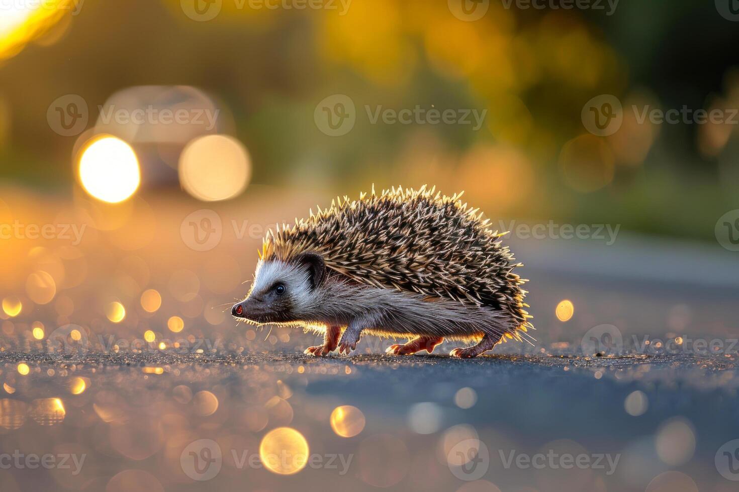 AI generated Hedgehog Crossing Road at Sunset photo