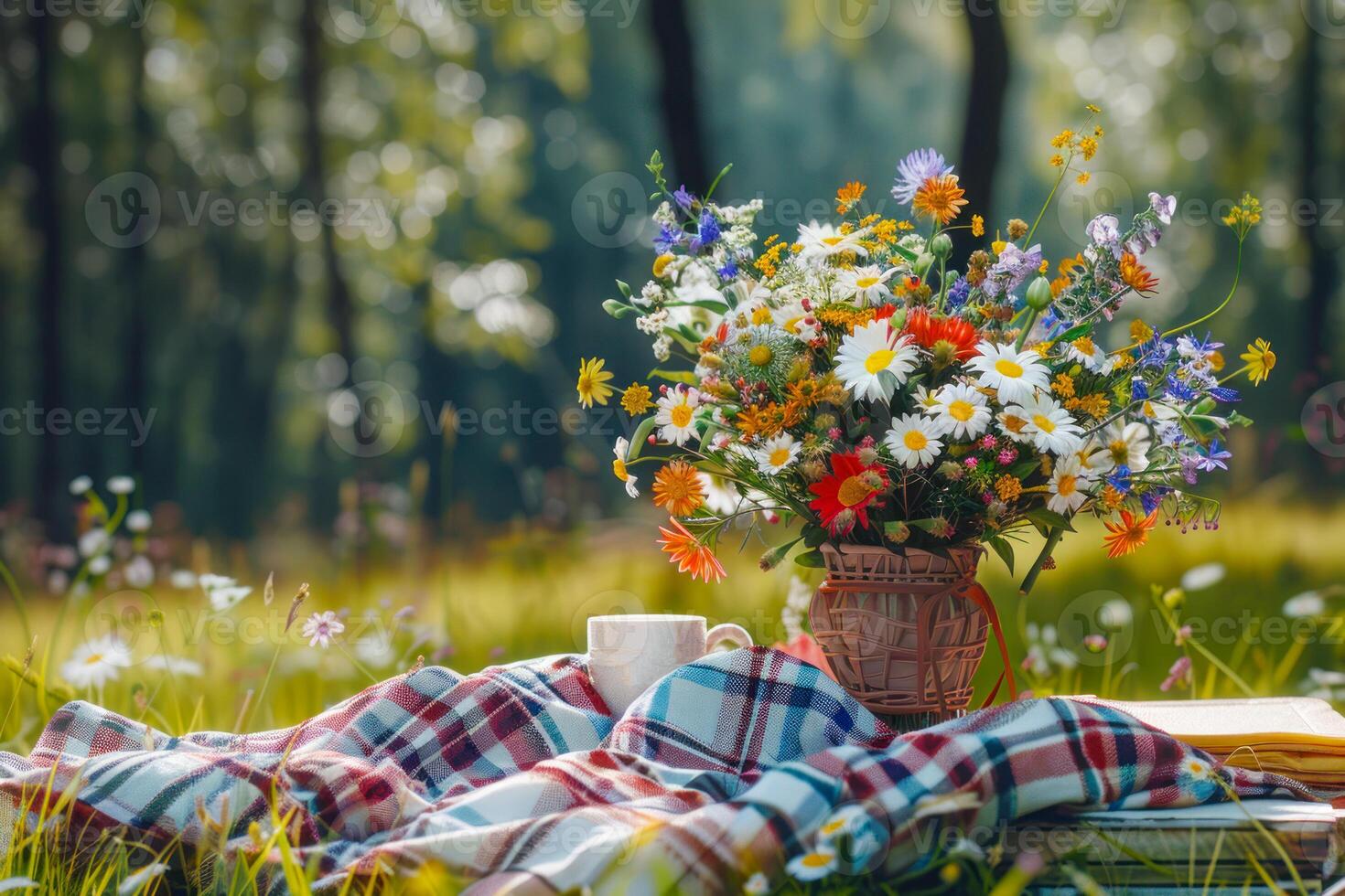 ai generado país picnic con flores silvestres y libro foto