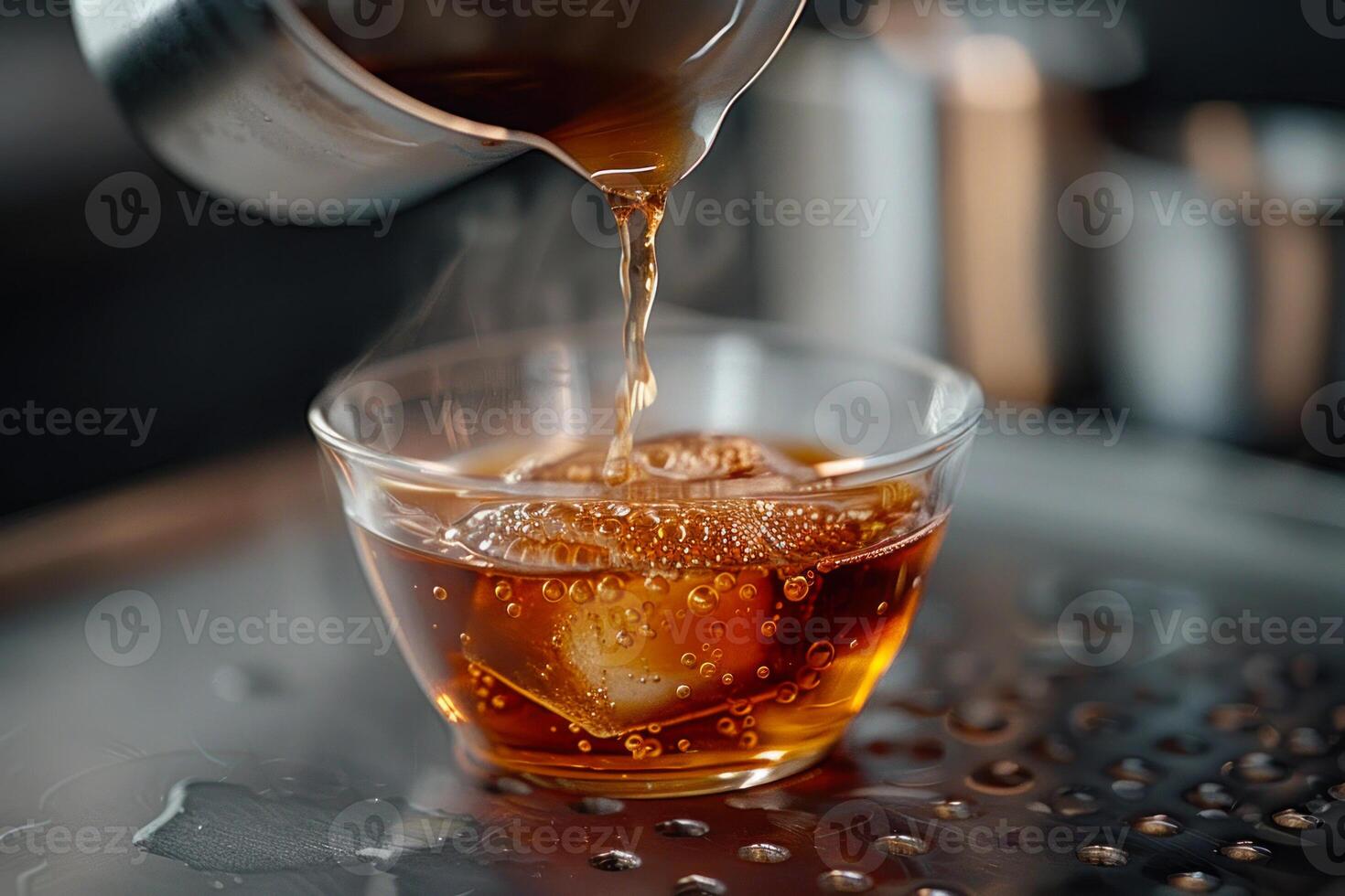 AI generated Pouring Amber Tea with Bubbles and Steam photo