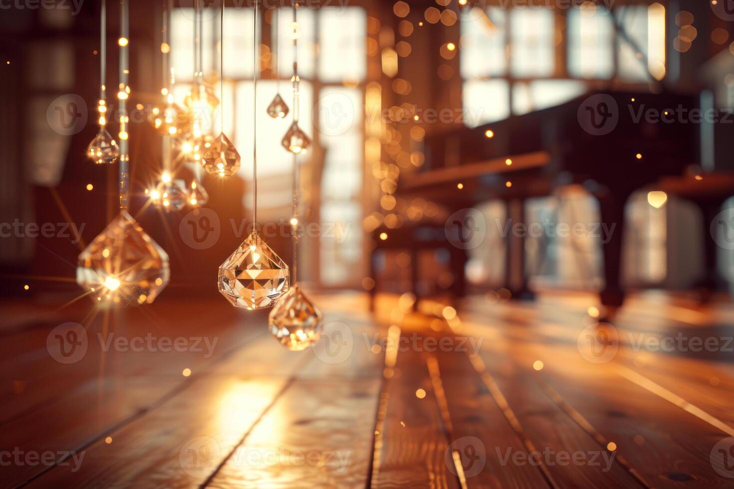 AI generated Elegant Crystals Hanging with Warm Bokeh Light photo