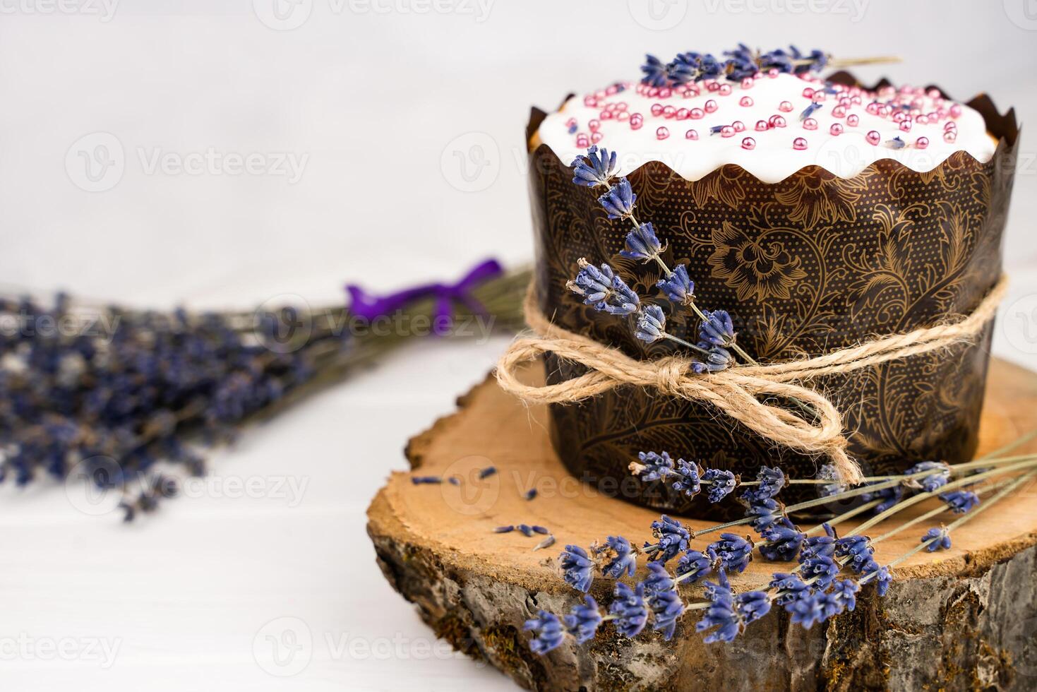 Easter cake with with lavender sprigs. Close-up. Selective focus. photo