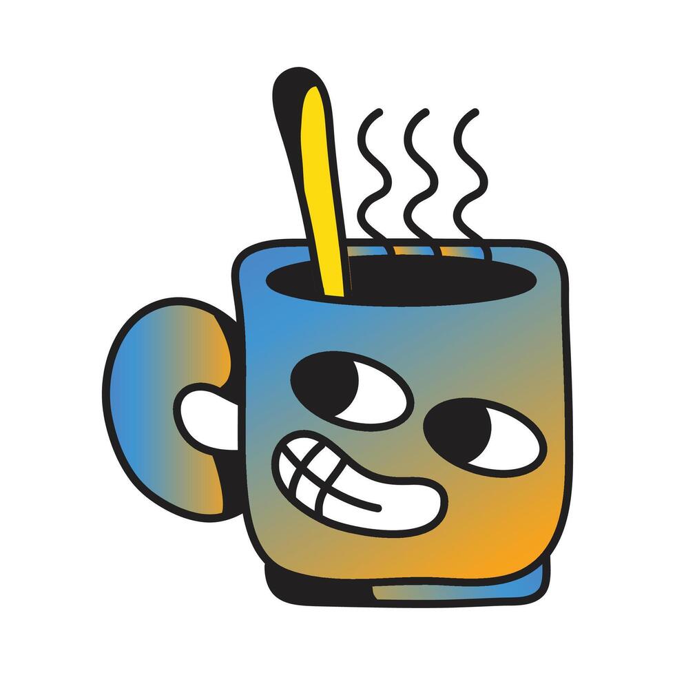 dibujos animados café jarra personaje taza con caliente vapor vector