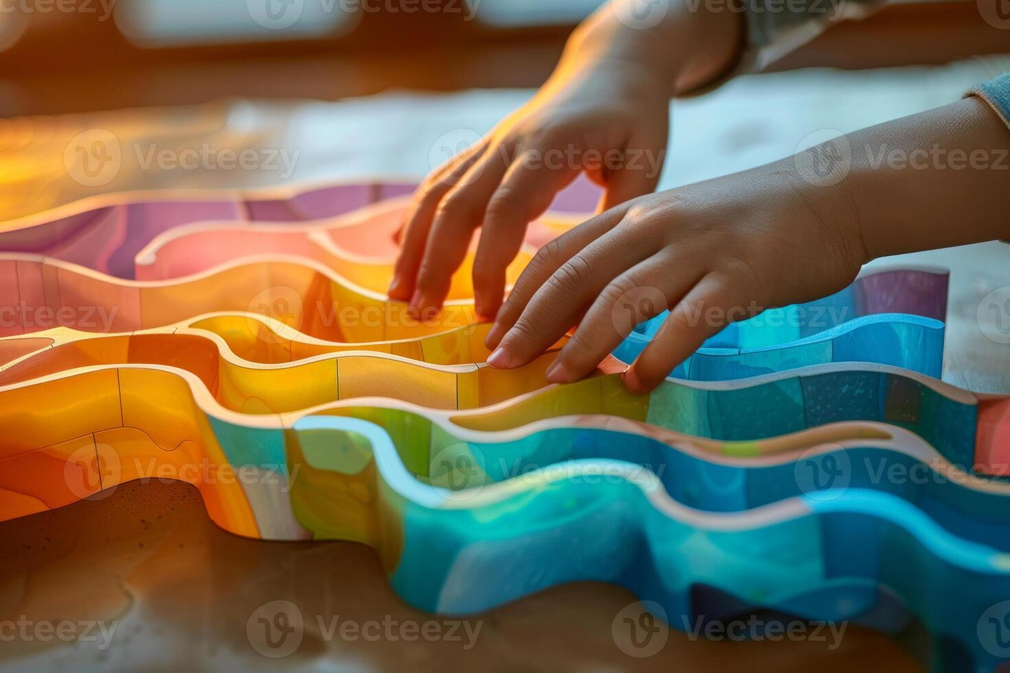AI generated Child Hand Exploring Colorful Wave Puzzle photo