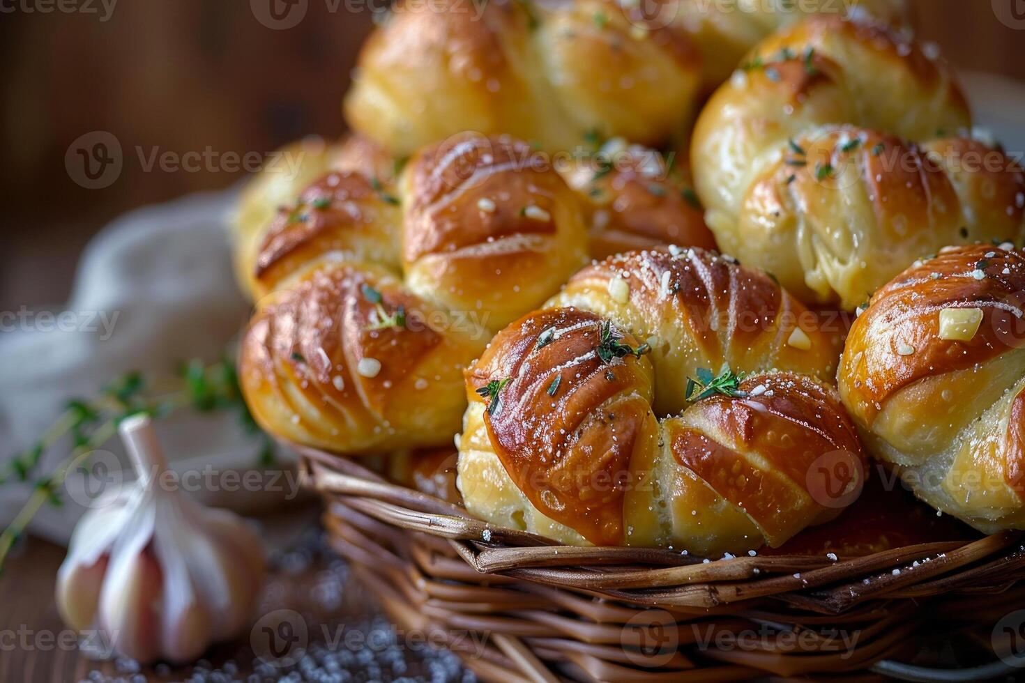 AI generated Golden Baked Knot Rolls in a Wicker Basket photo