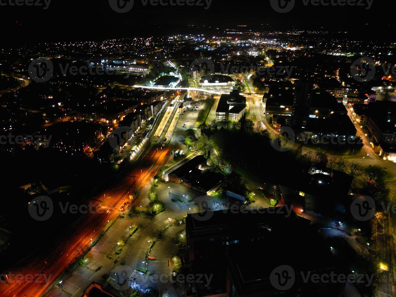 Aerial Night View of Illuminated Central Aylesbury Town of England United Kingdom. April 1st, 2024 photo