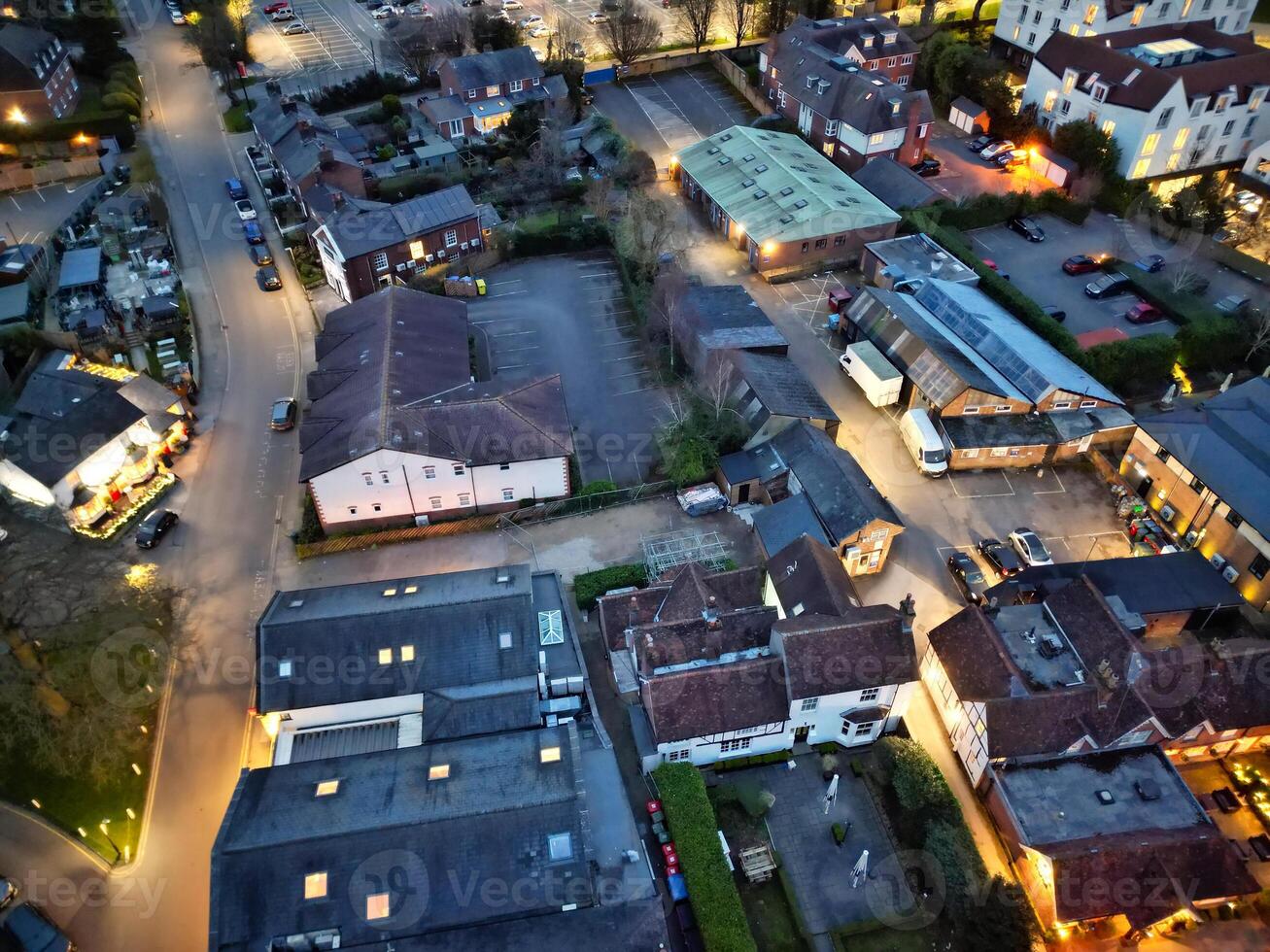 High Angle View of Illuminated Central Harpenden Town of England During Night. United Kingdom. March 16th, 2024 photo