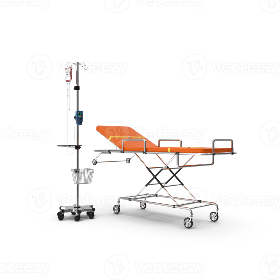 Ambulance stretcher, Bed, and IV stand PNG 3D rendering.