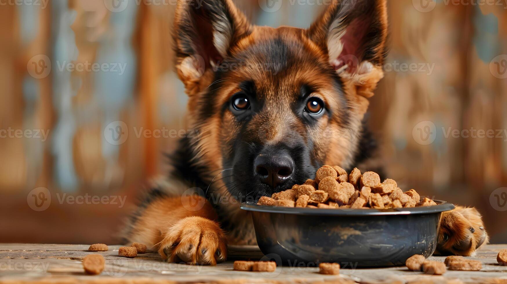 AI generated A small cute shepherd puppy near a bowl of food. AI Generated photo
