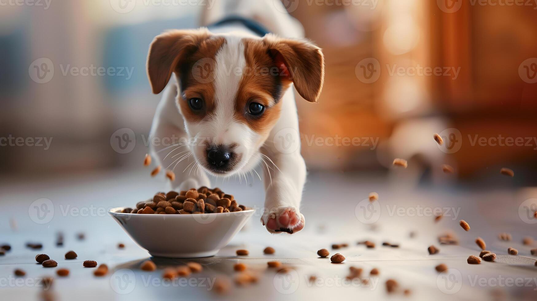 ai generado un pequeño linda Jack Russell perrito cerca un cuenco de alimento. ai generado foto