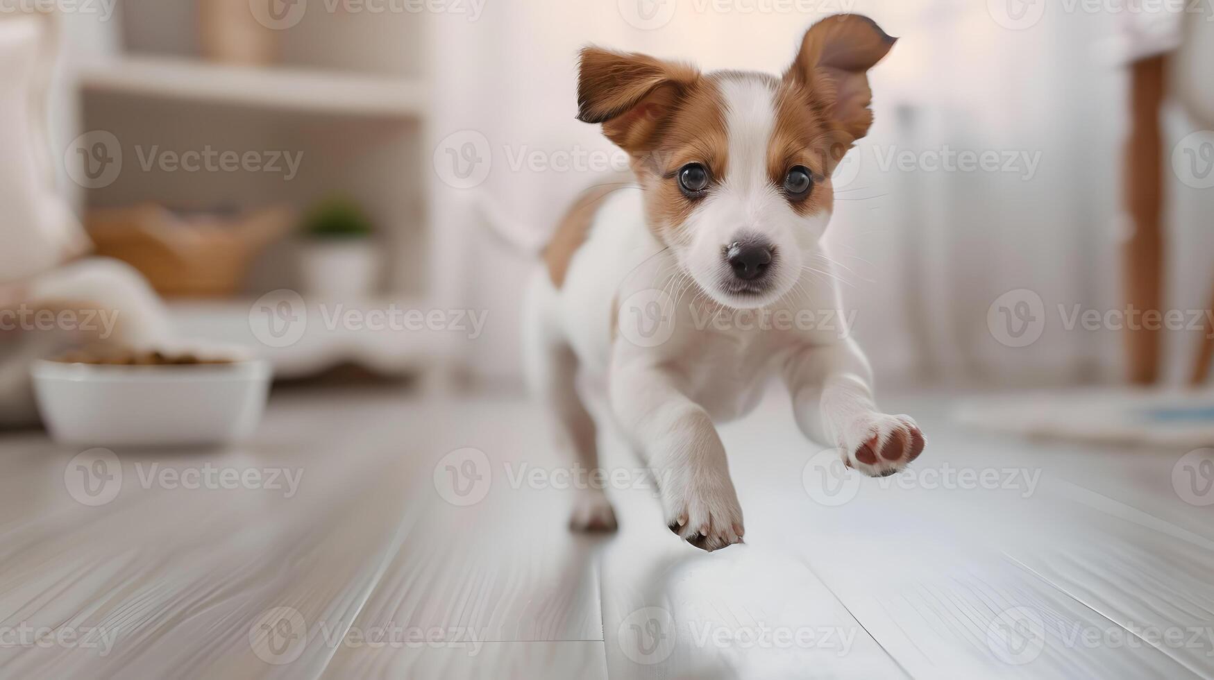 AI generated A small cute Jack Russell puppy near a bowl of food. AI Generated photo