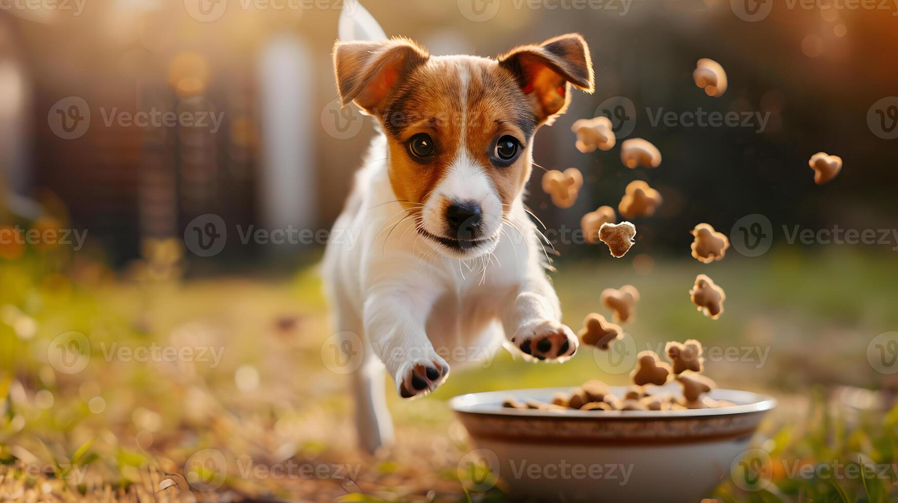 AI generated A small cute Jack Russell puppy near a bowl of food. AI Generated photo