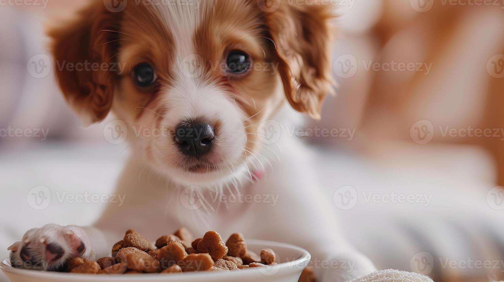 AI generated A small cute Jack Russell puppy near a bowl of food. AI Generated photo
