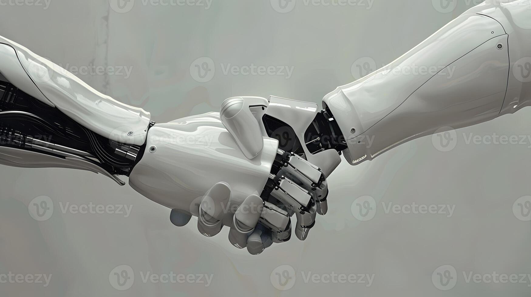 AI generated Handshake between an android robot and a human as an interaction gesture. AI Generated photo
