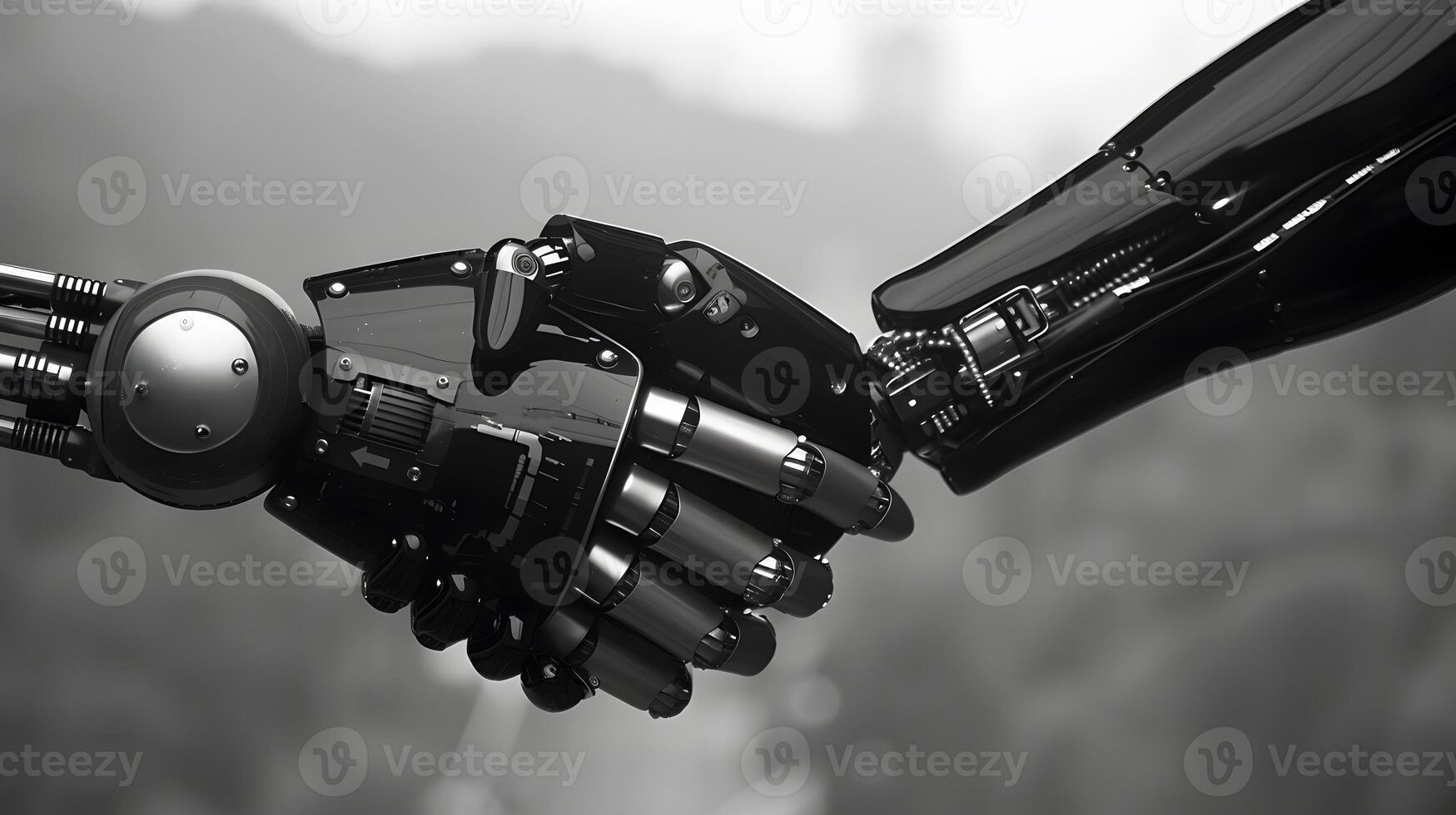 AI generated Handshake between an android robot and a human as an interaction gesture. AI Generated photo