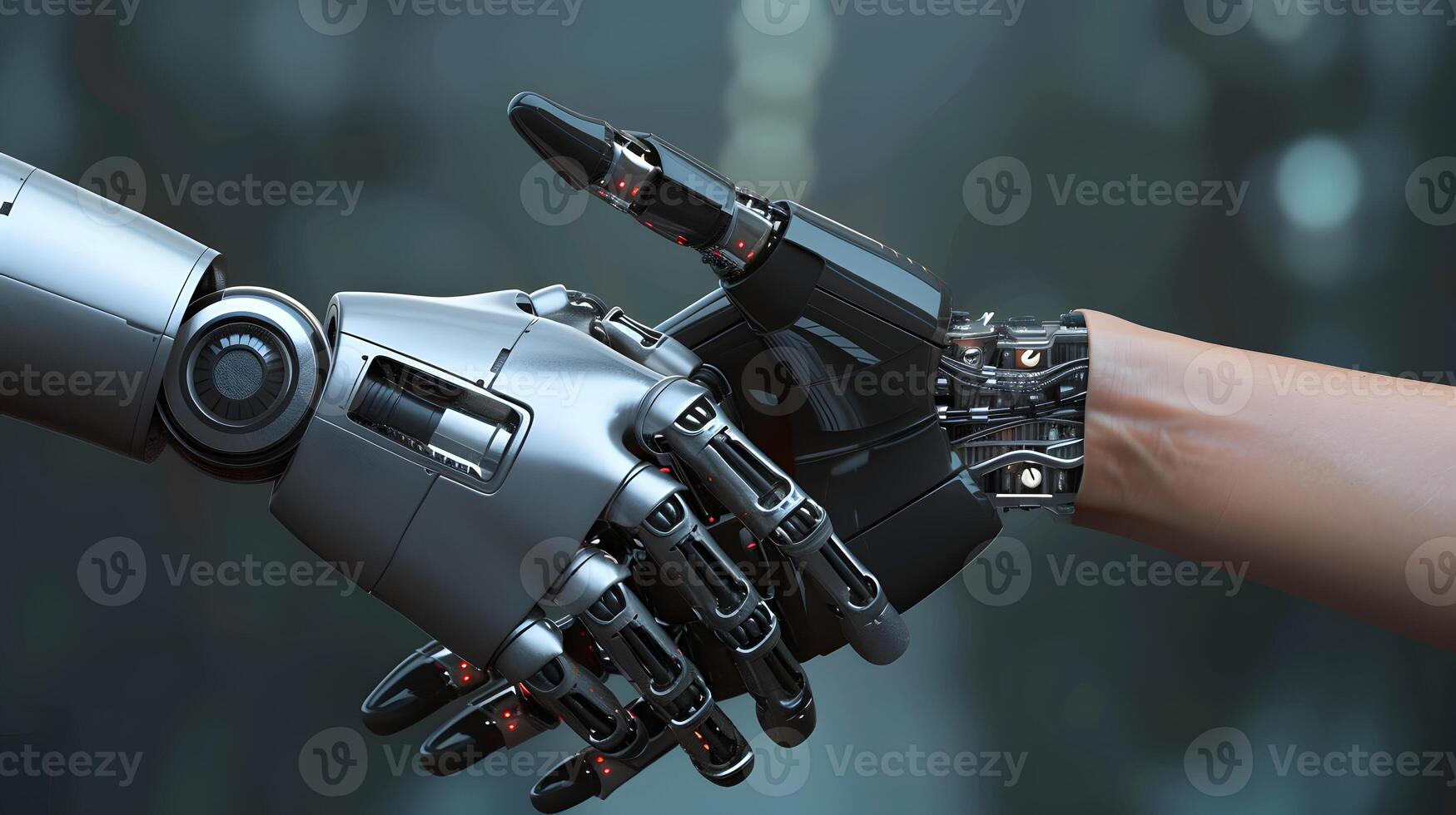 AI generated Handshake between an android robot and a human as an interaction gesture. AI Generated photo