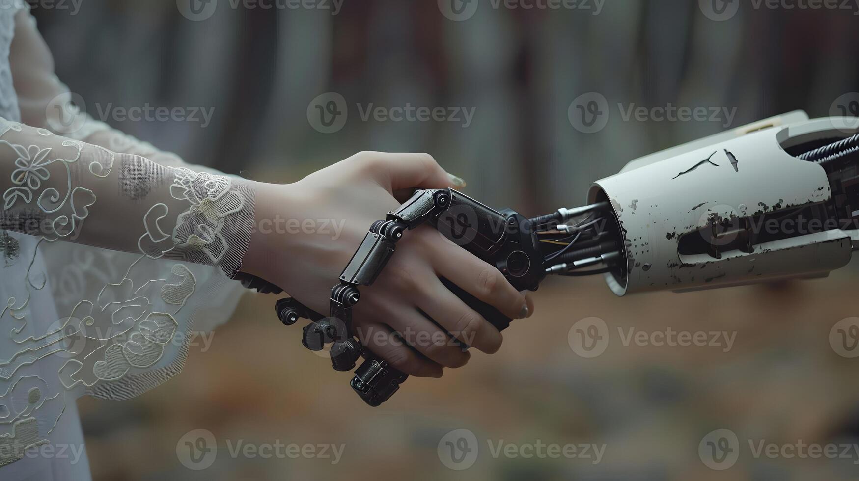 AI generated Handshake between an android robot and a human as an interaction gesture. AI Generated photo