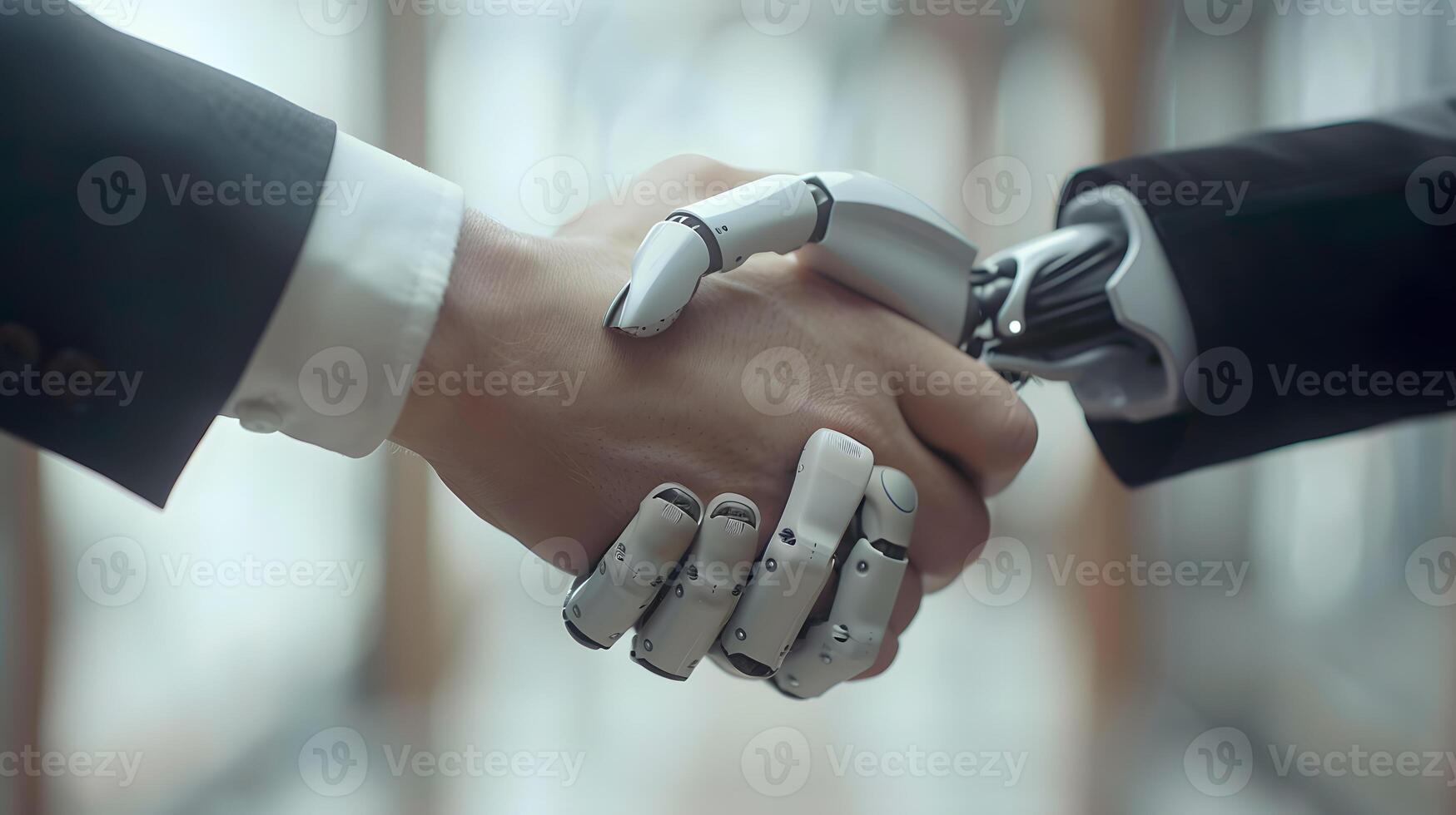 AI generated Handshake between an android robot and a human as an interaction gesture. AI Generated photo
