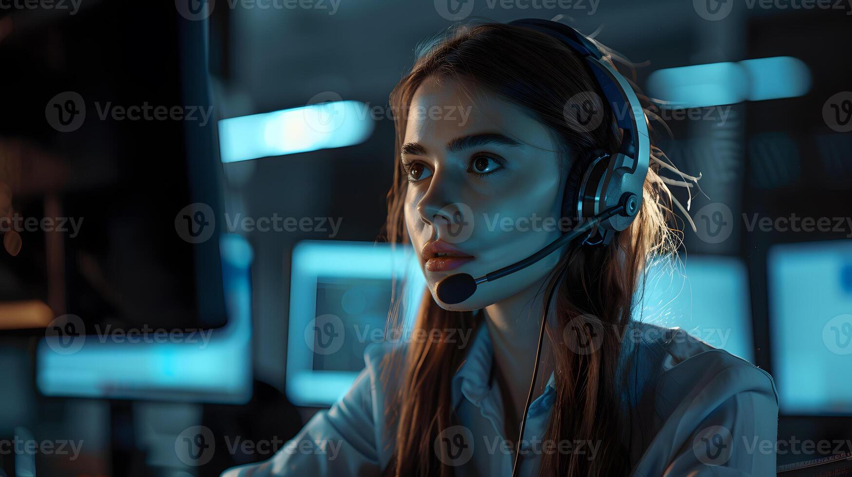 AI generated Portrait of a young woman call center operator. AI Generated photo