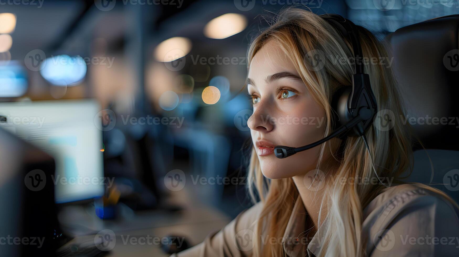 AI generated Portrait of a young woman call center operator. AI Generated photo
