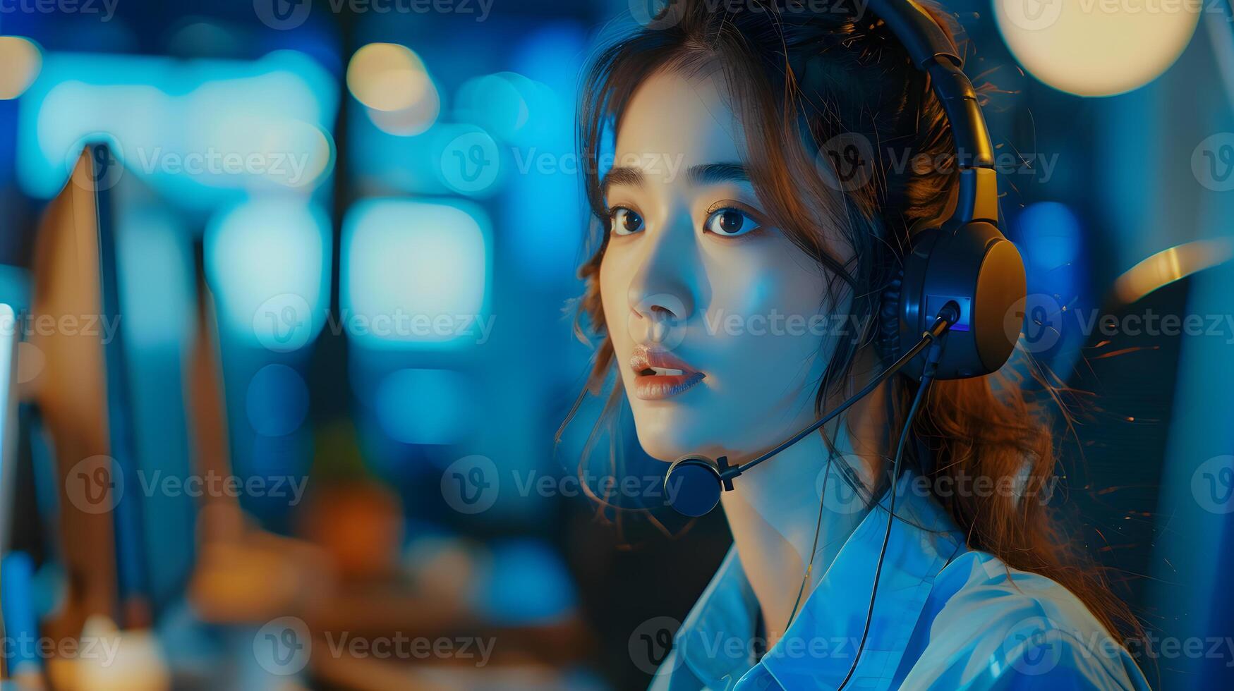 AI generated Portrait of a young woman call center operator. AI Generated photo