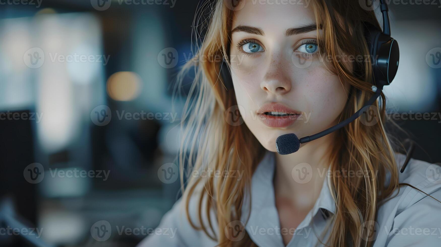 AI generated Portrait of a young woman call center operator. AI Generated photo